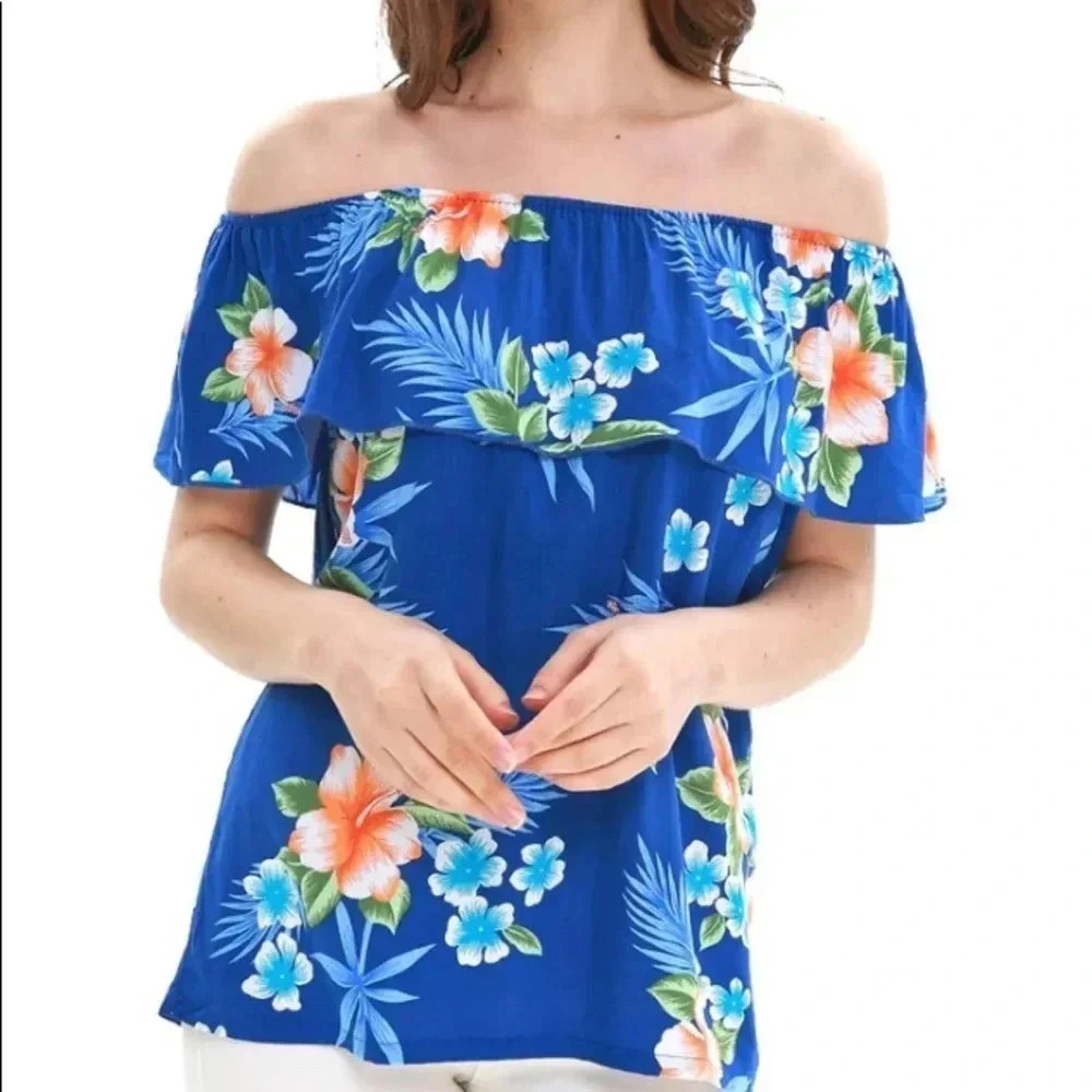 🆕Cherish Royal Blue Off the Shoulder Floral Top M🆕